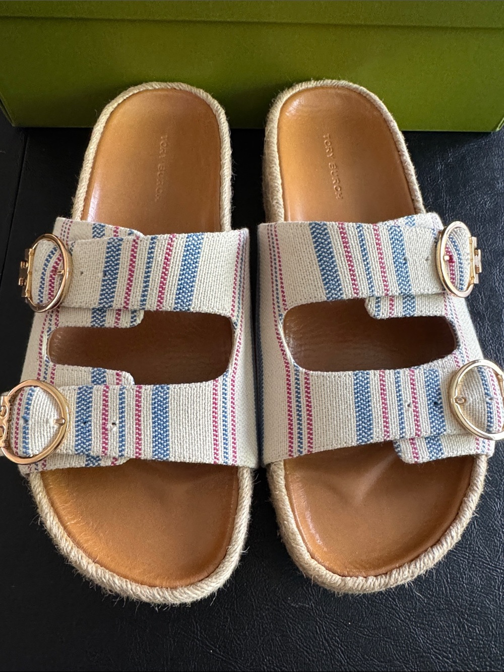 Tory Burch Striped Canvas Double-Buckle Slide Sandals